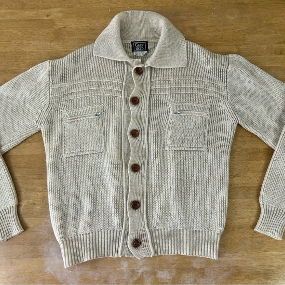 Vintage 70s Men Beige Cardigan with Button Front Sz M